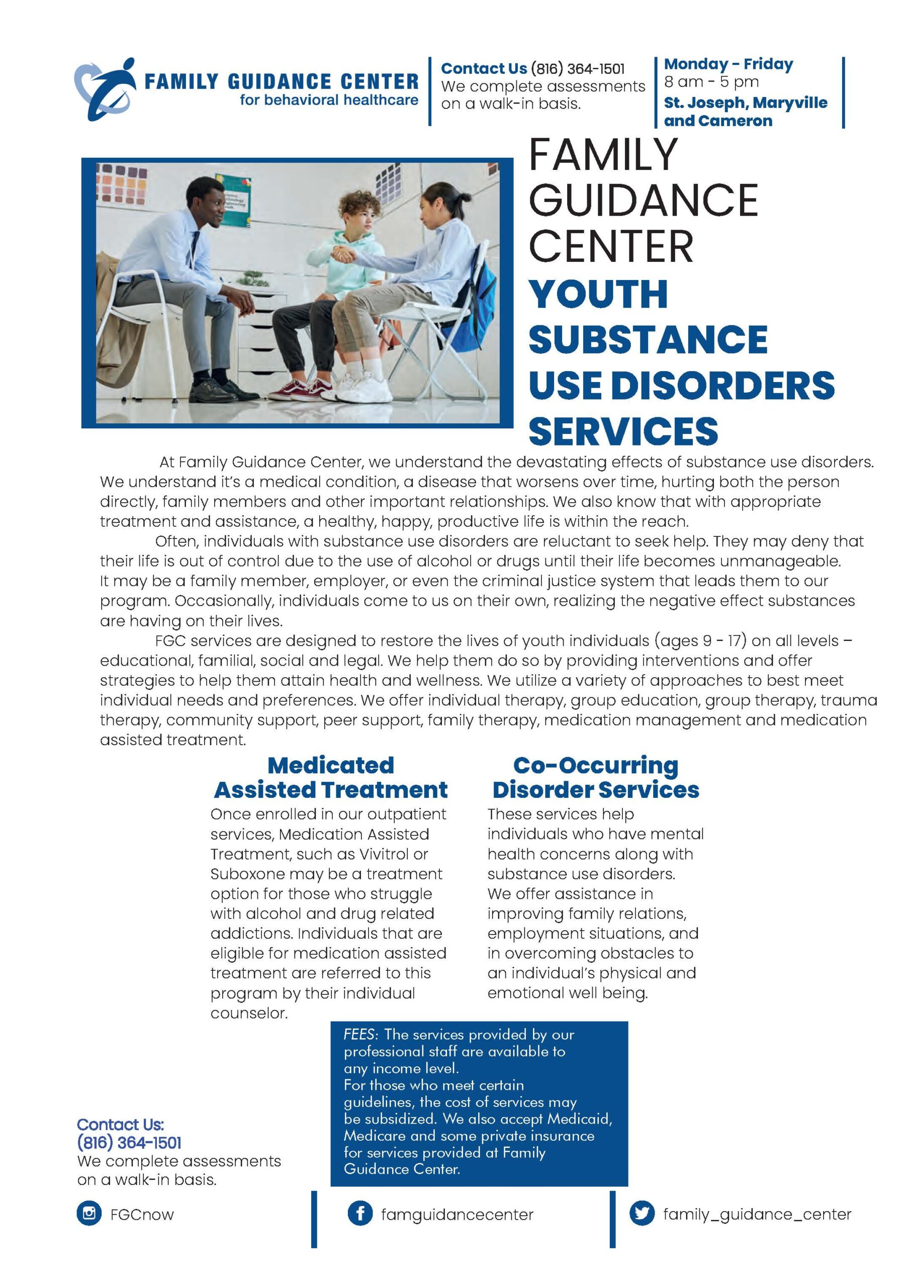 Adolescent substance use disorder program description with photo of teen seeking mental health resources. 